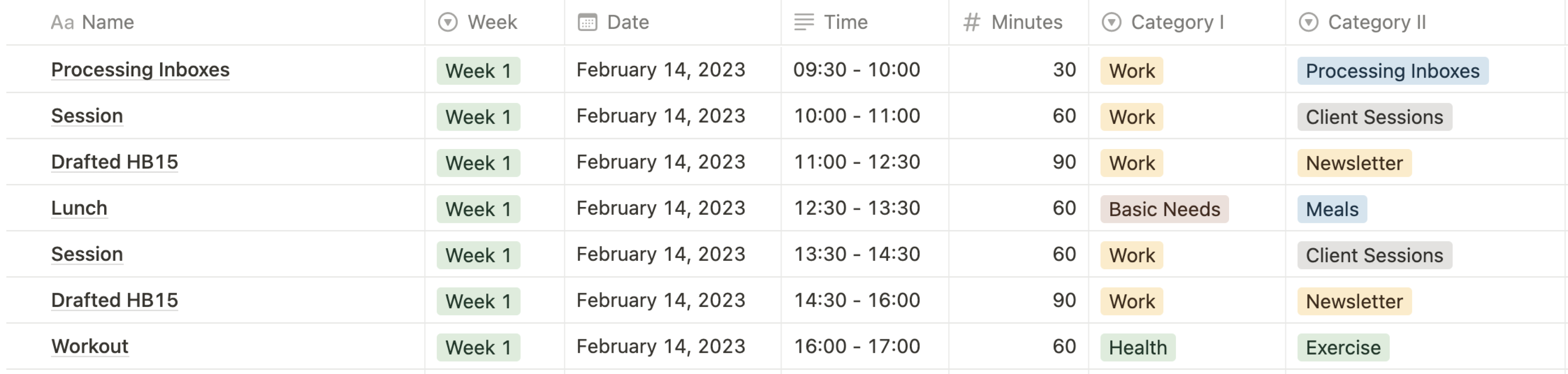 Notion screenshot for time tracking